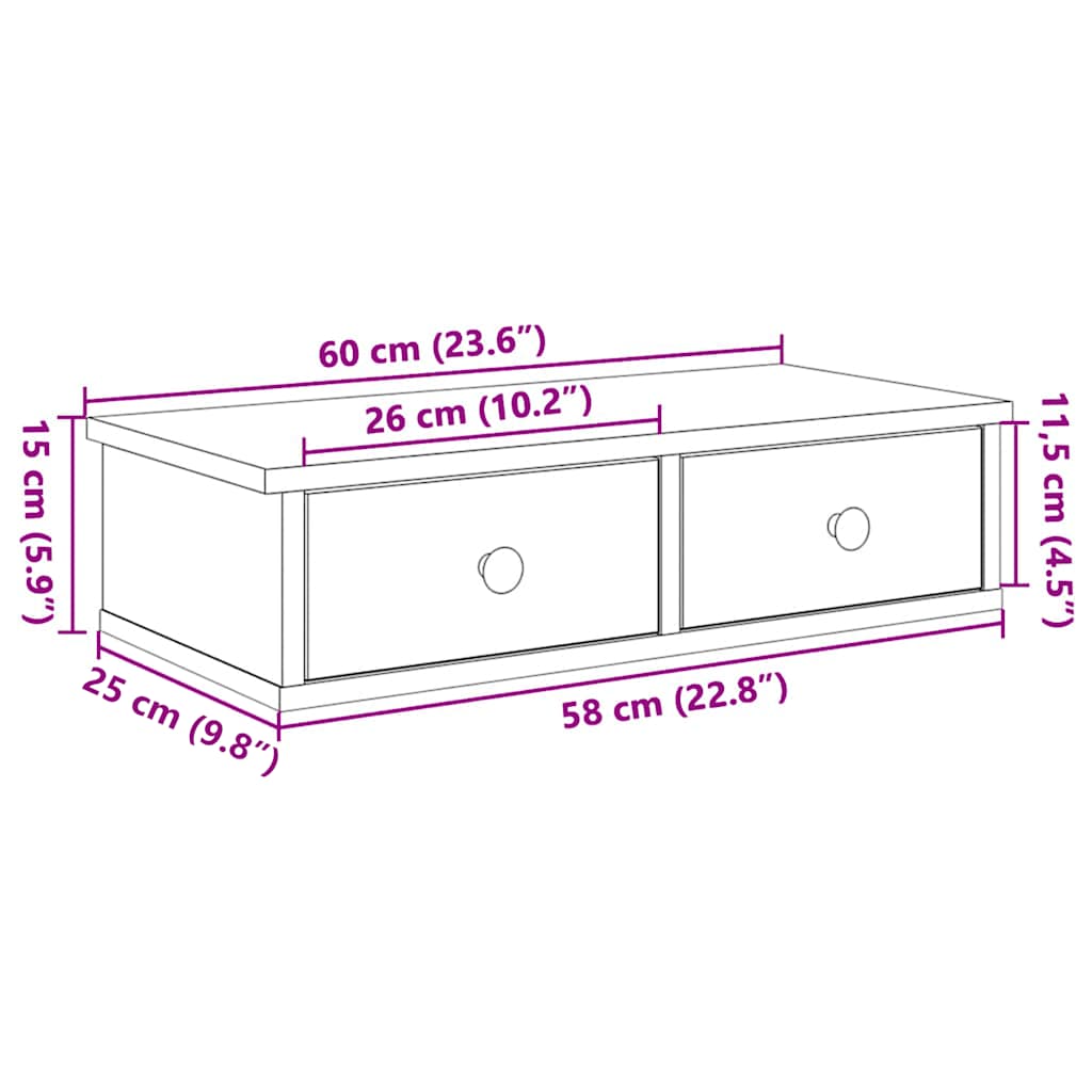 væghylde med skuffer 60x28x15 cm konstrueret træ sonoma-eg