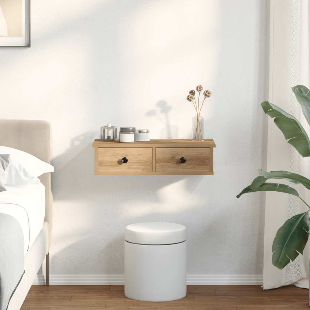 væghylde med skuffer 60x28x15 cm konstrueret træ egetræsfarve