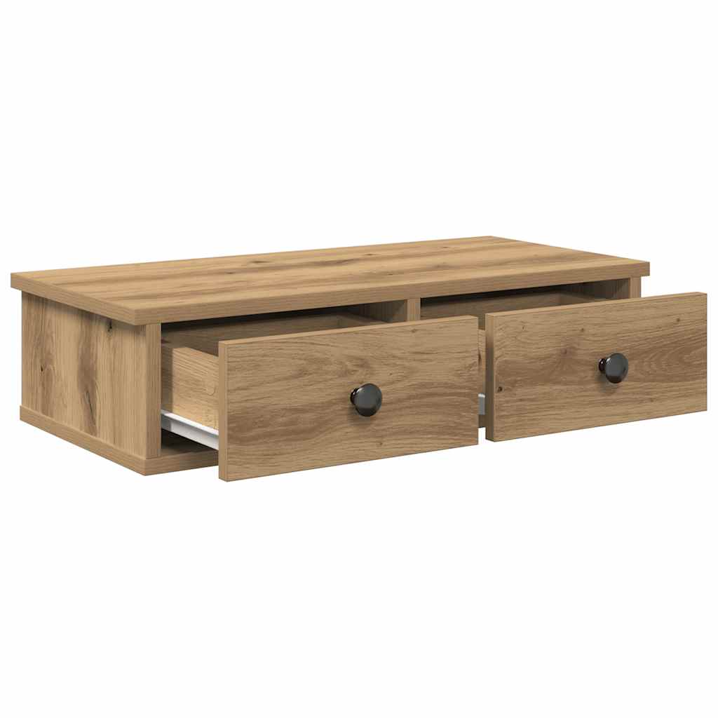 væghylde med skuffer 60x28x15 cm konstrueret træ egetræsfarve
