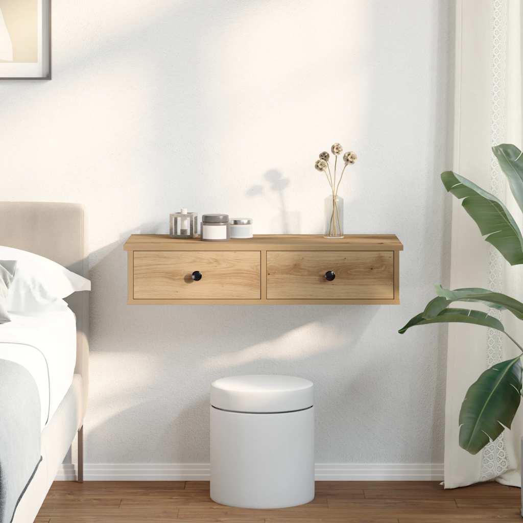 væghylde med skuffer 80x34x17 cm konstrueret træ egetræsfarve