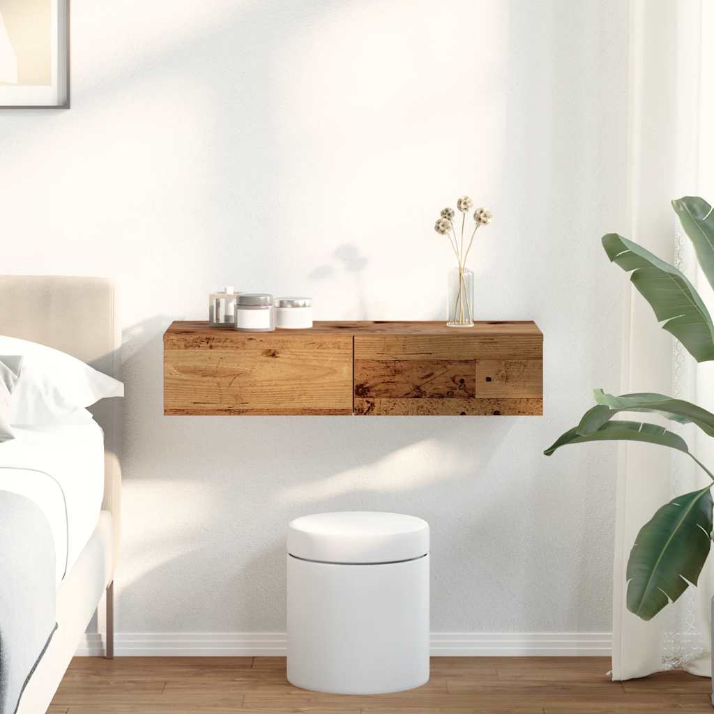 væghylde med skuffer 80x33x17 cm konstrueret træ antikt træ