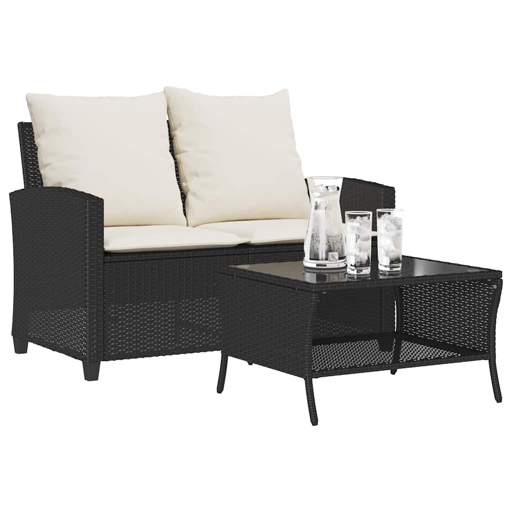 2-personers sofa med hynder og bord polyrattan sort