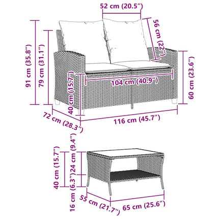 2-personers sofa med hynder og bord polyrattan brun