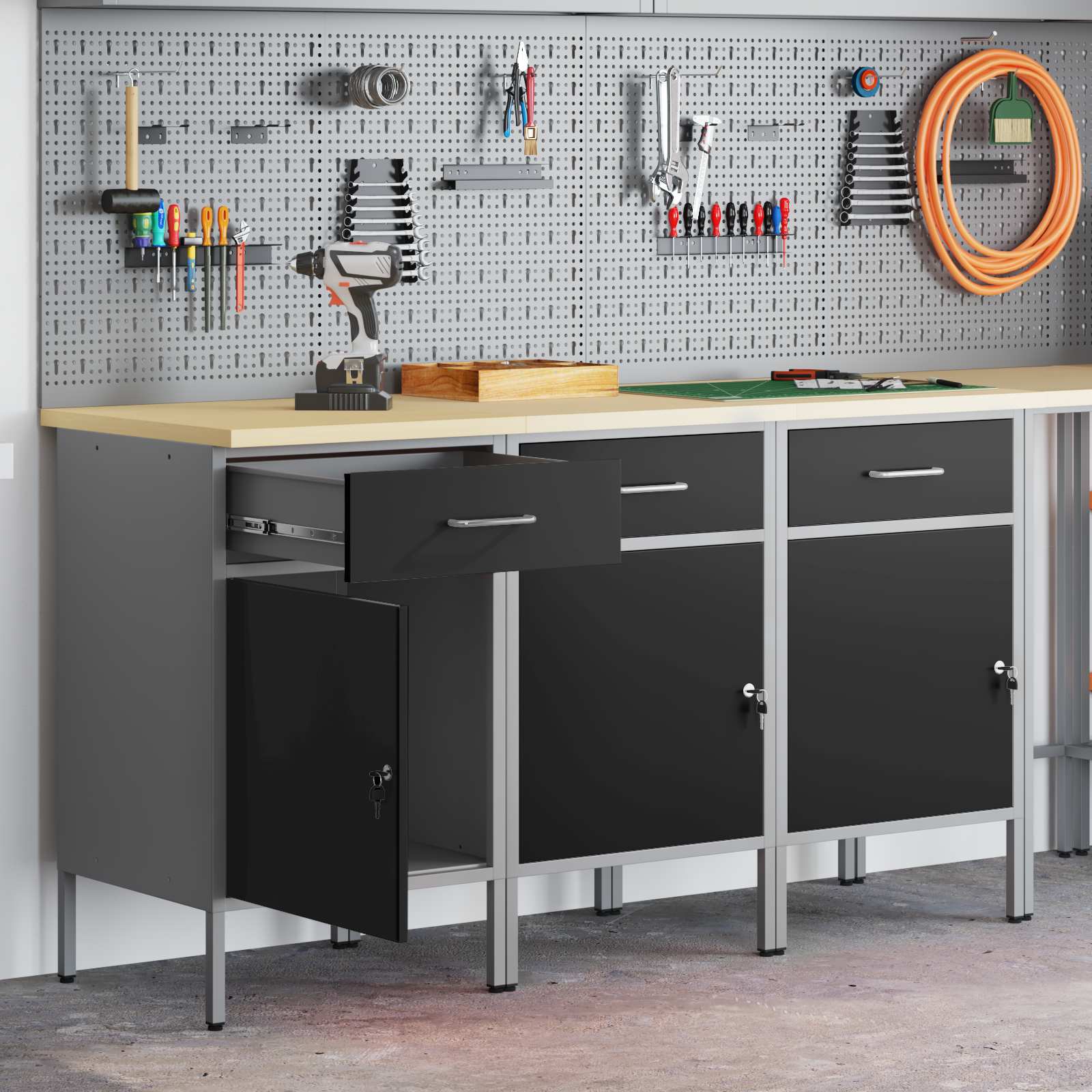 Arbejdsskab med skuffe 3 pcs Sort og grå 150 x 55 x 85 cm