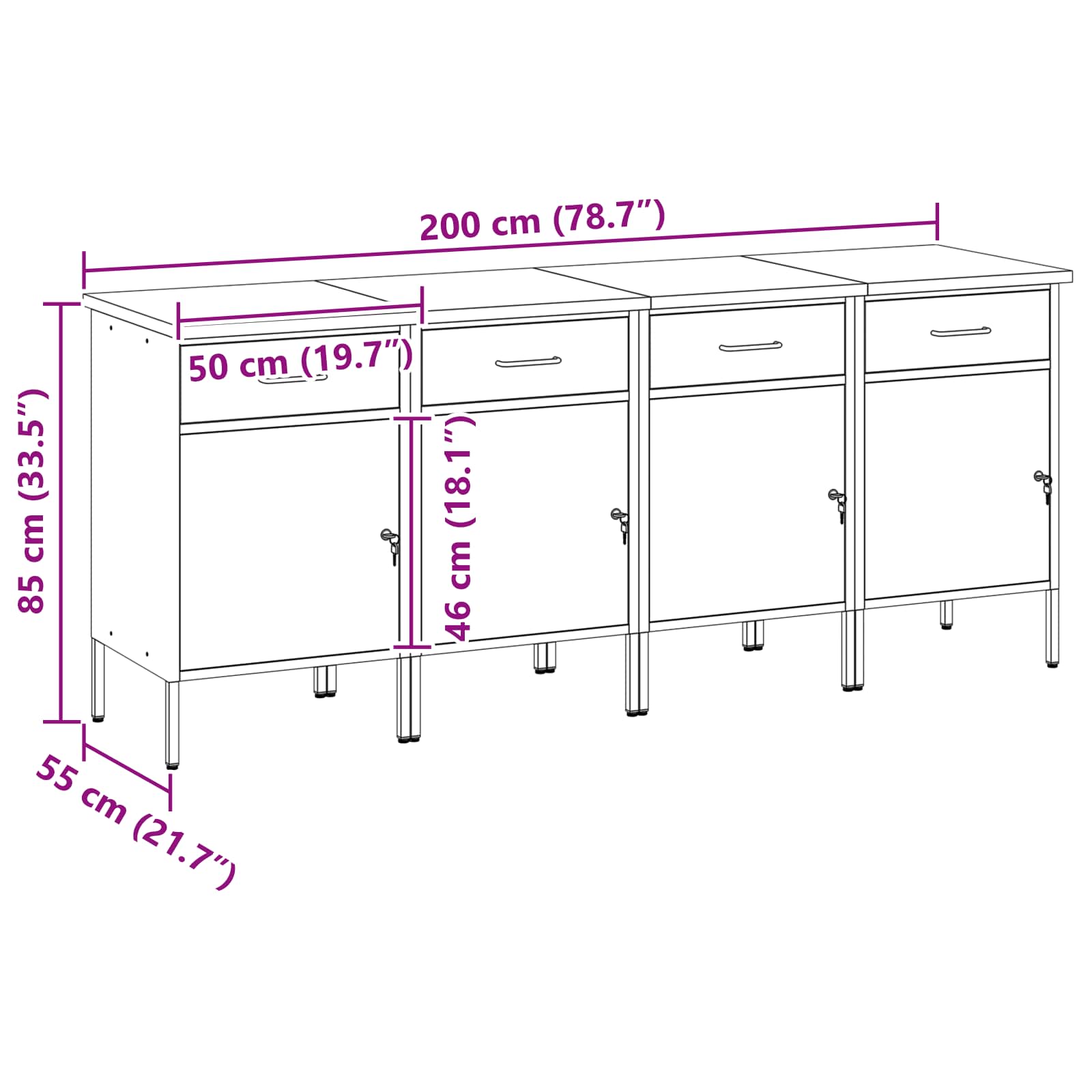 Arbejdsskab med skuffe 4 pcs Rød og Grå 200 x 55 x 85 cm