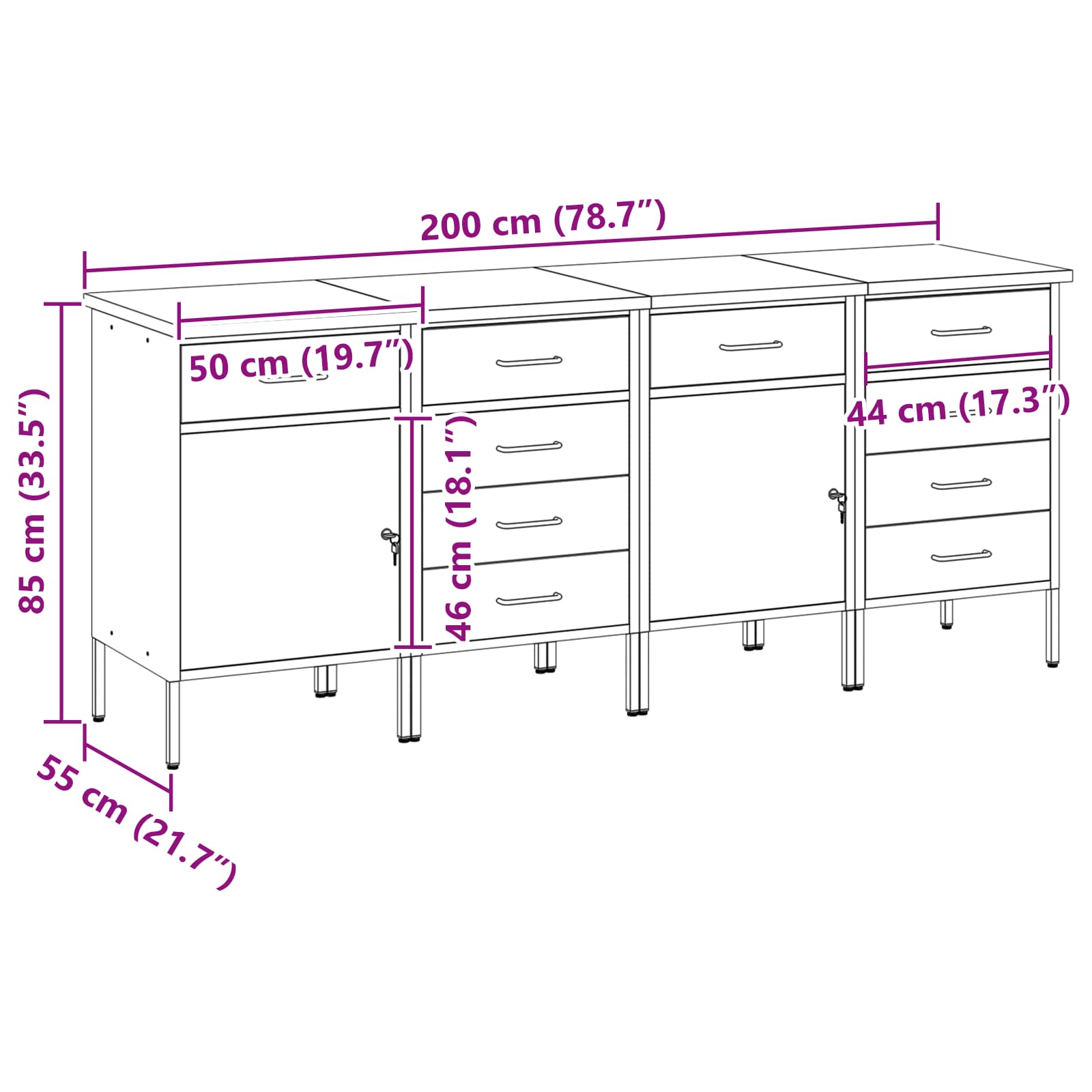 Arbejdsskab med skuffe 4 pcs Rød og Grå 200 x 55 x 85 cm