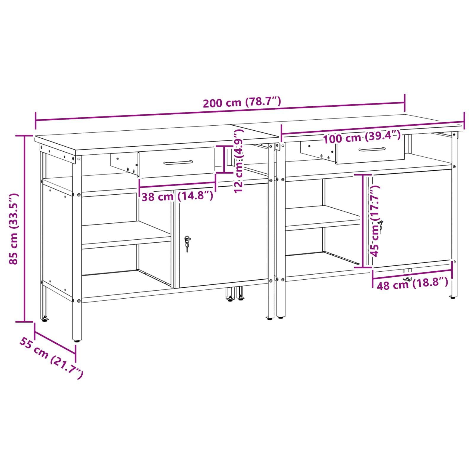 Arbejdsbænk sæt med skuffe 2 pcs Rød og Grå 200 x 55 x 85 cm