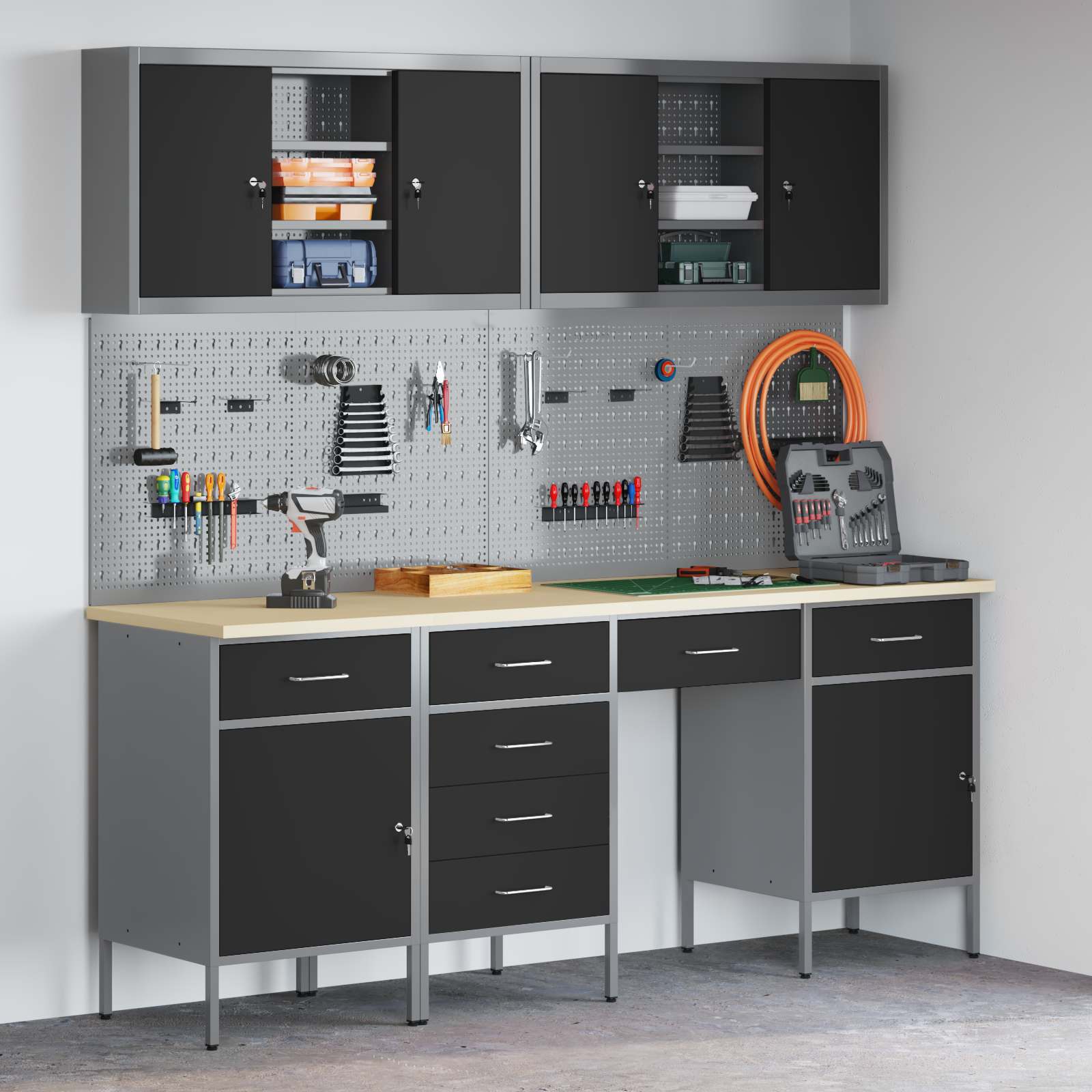 Arbejdsskab med skuffe med lås 10 pcs Sort Ingeniørtræ og stål