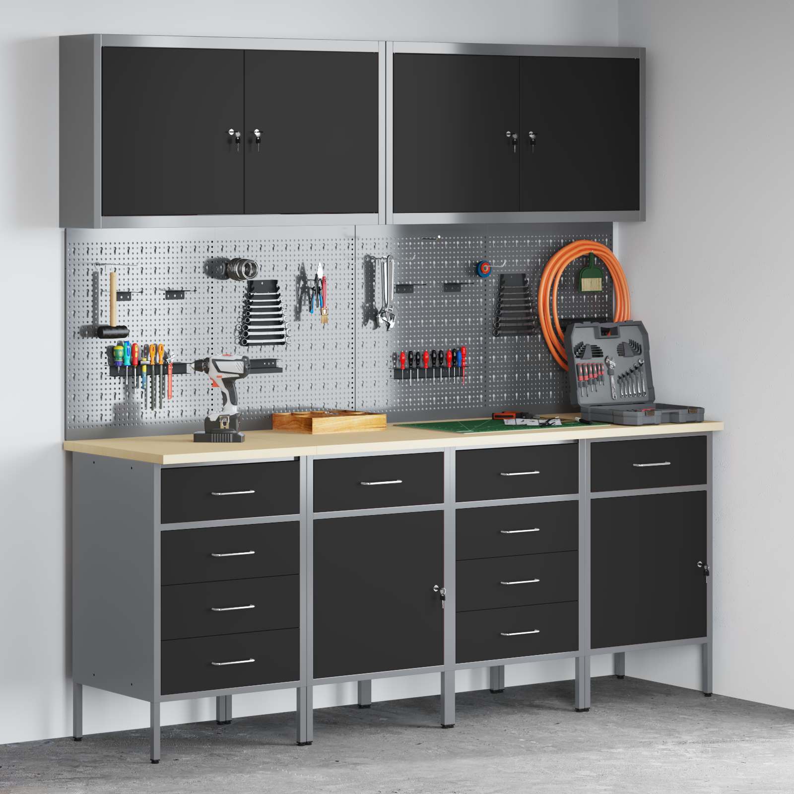 Arbejdsskab med skuffe med lås 10 pcs Sort Ingeniørtræ og stål