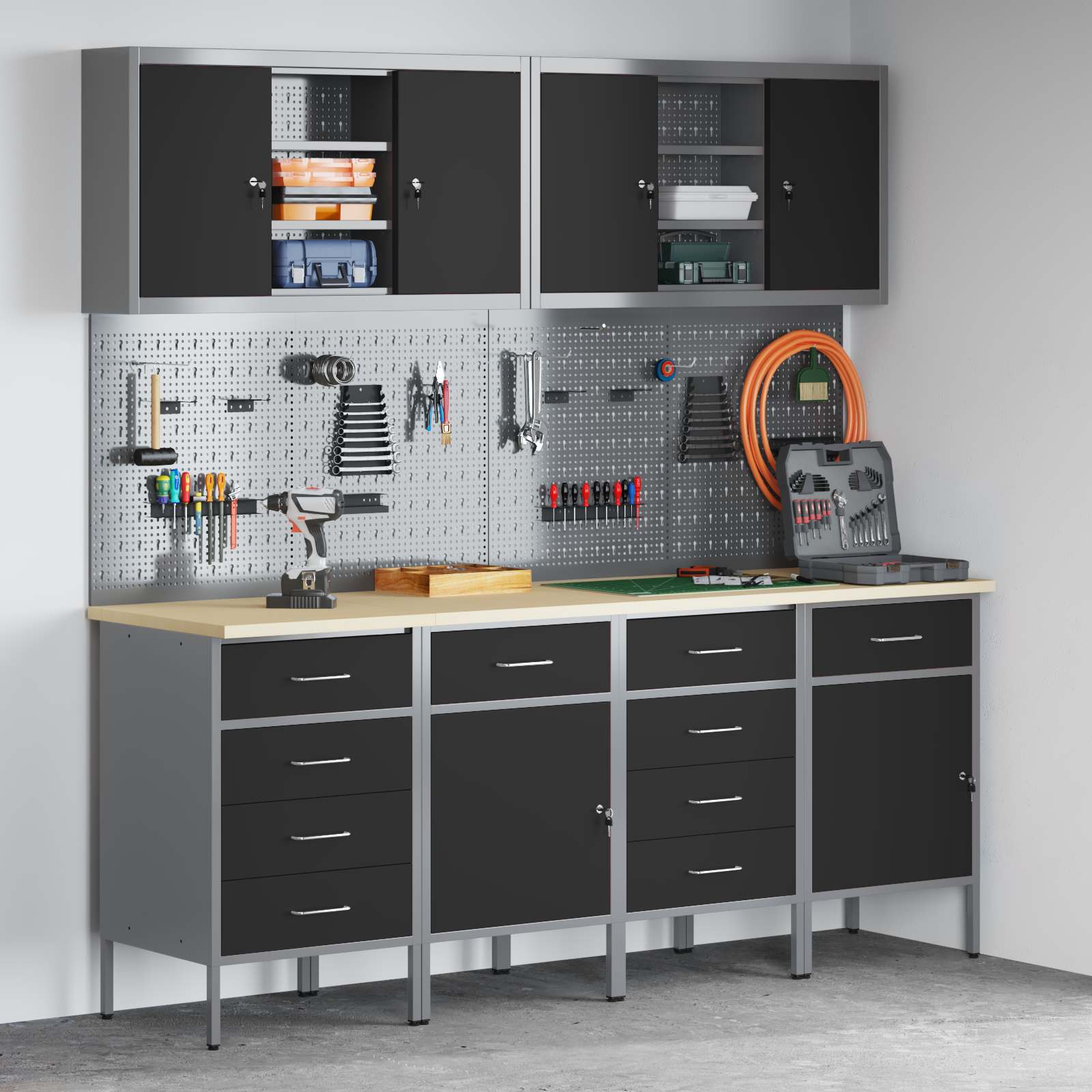 Arbejdsskab med skuffe med lås 10 pcs Sort Ingeniørtræ og stål