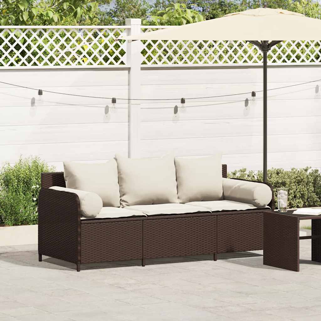 3-personers havesofa i polyrattan - brun med cremefarvede hynder