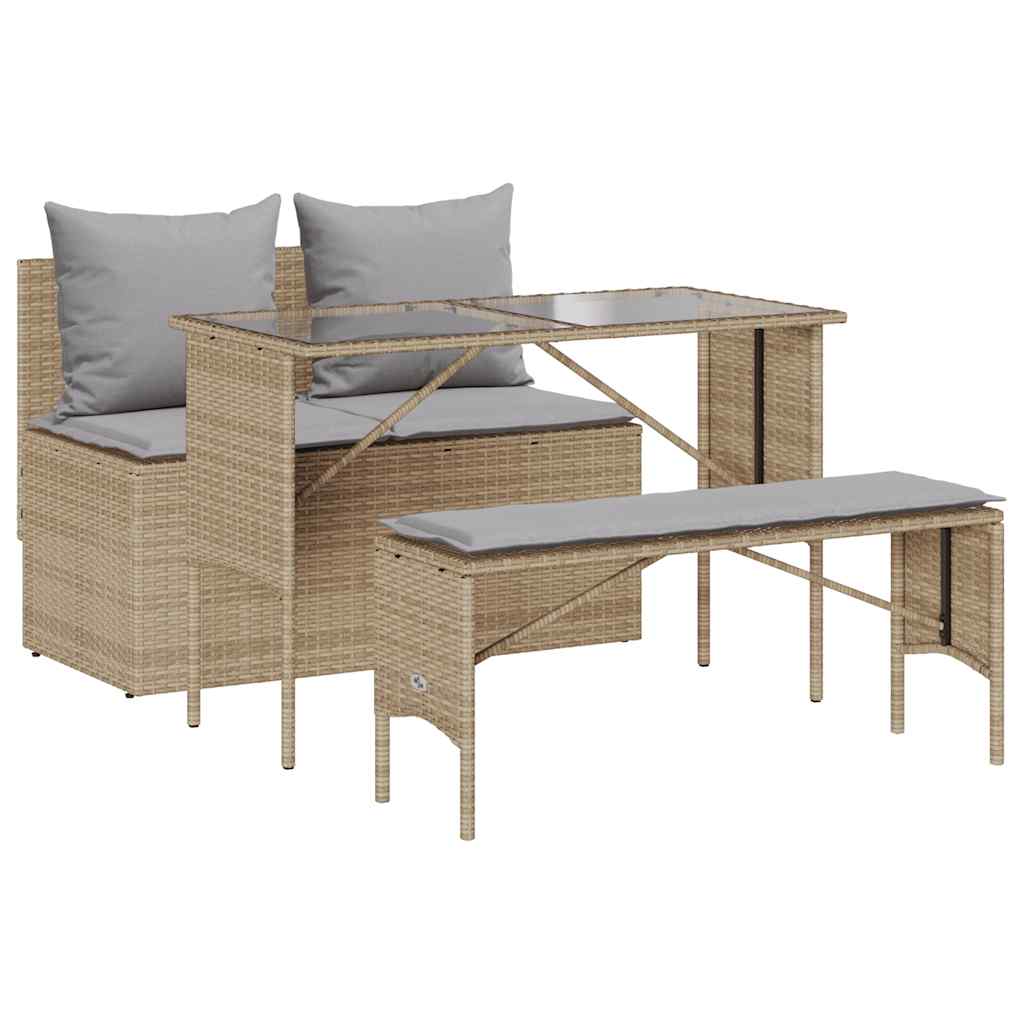 spisebordssæt til haven 3 dele med hynder polyrattan beige