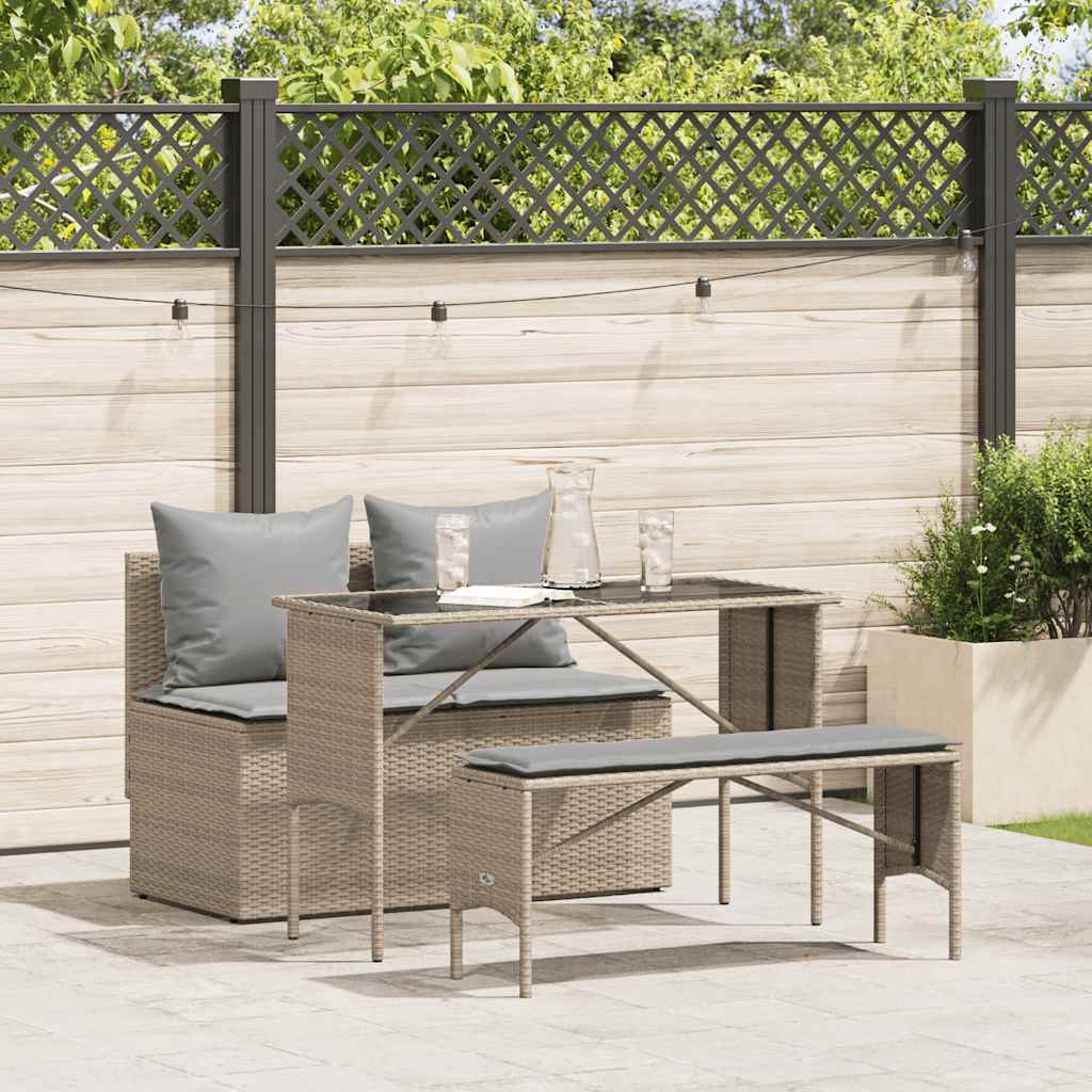 spisebordssæt til haven 3 dele med hynder polyrattan beige