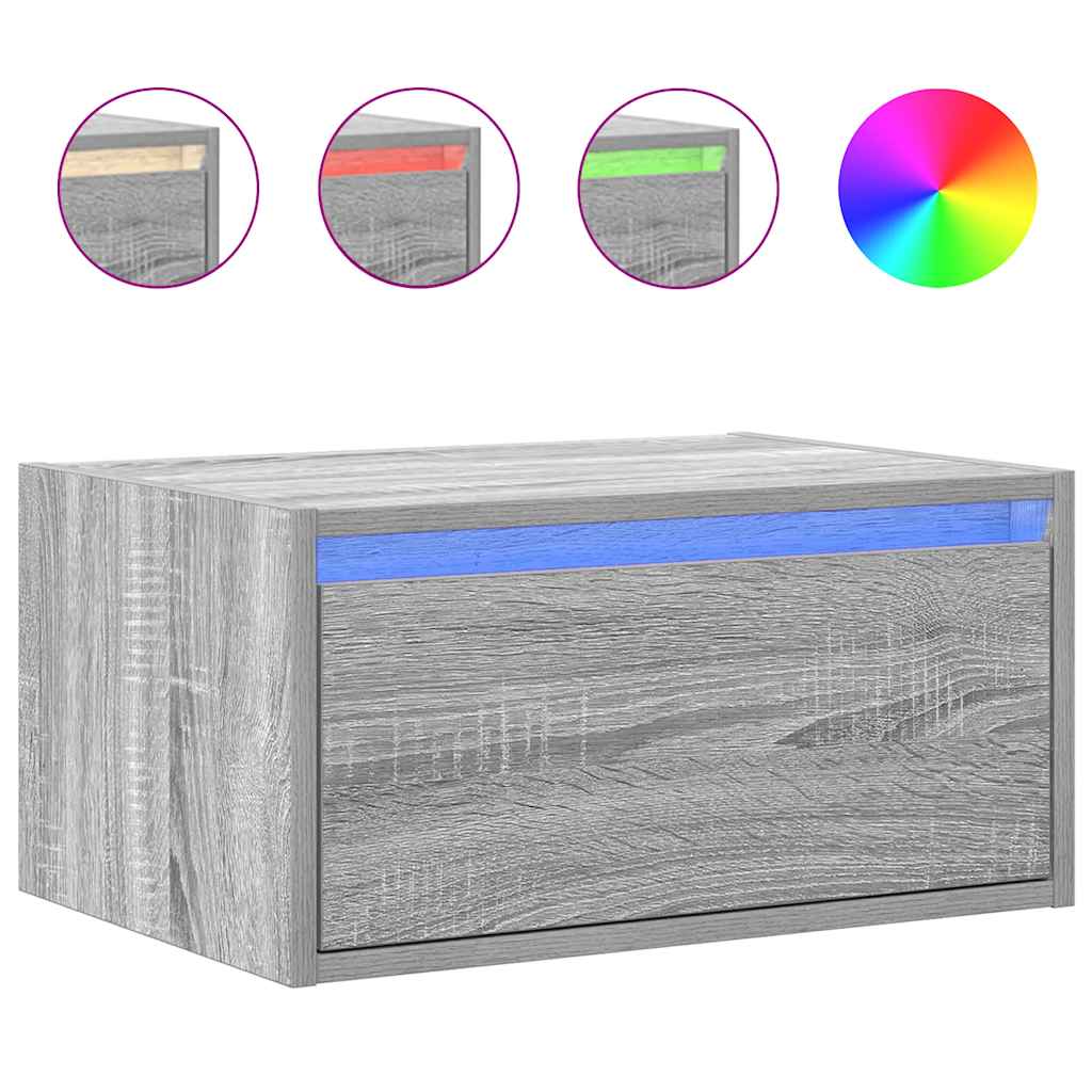 væghængt sengebord med LED-lys grå sonoma-eg