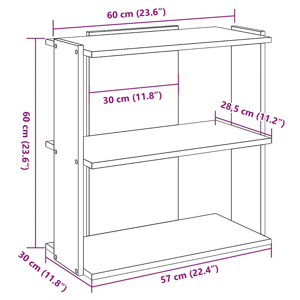 bogreol 60x30x60 cm 3 hylder konstrueret træ betongrå