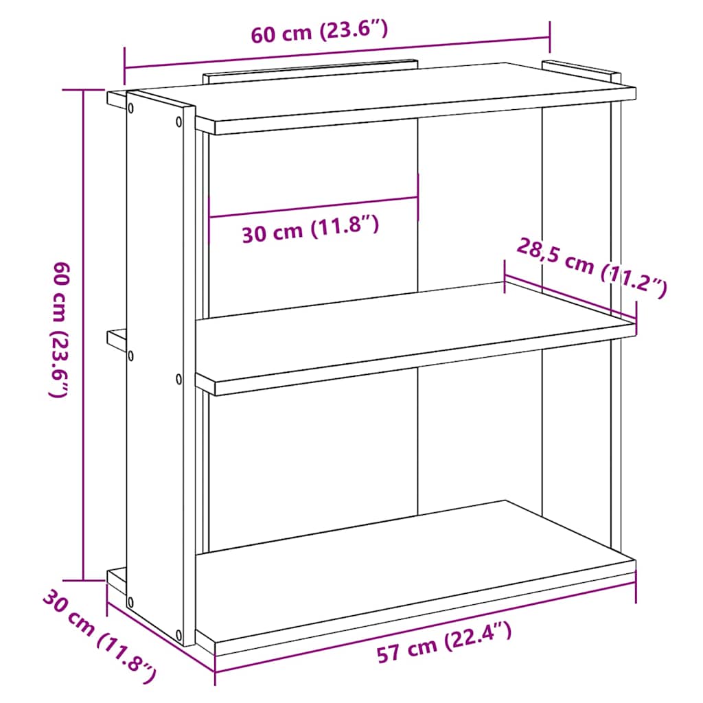 bogreol 60x30x60 cm 3 hylder konstrueret træ røget eg