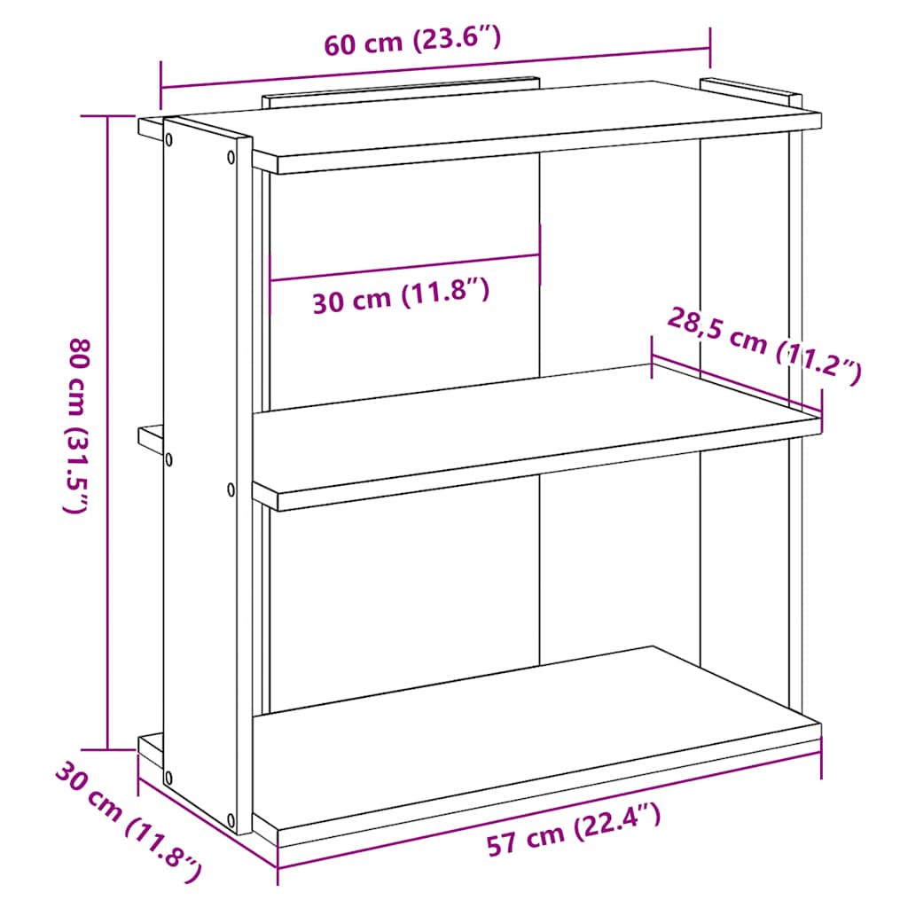 bogreol 60x30x80 cm 3 hylder konstrueret træ egetræsfarvet