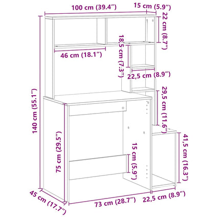 skrivebord m. hylder 100x45x140 cm konstrueret træ hvid