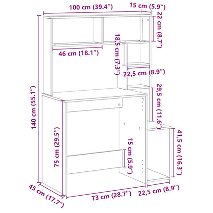 skrivebord m. hylder 100x45x140 cm konstrueret træ sort