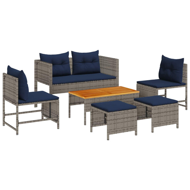 Havesofa Sæt med pude 6 pcs Grå og Marineblå polyrattan