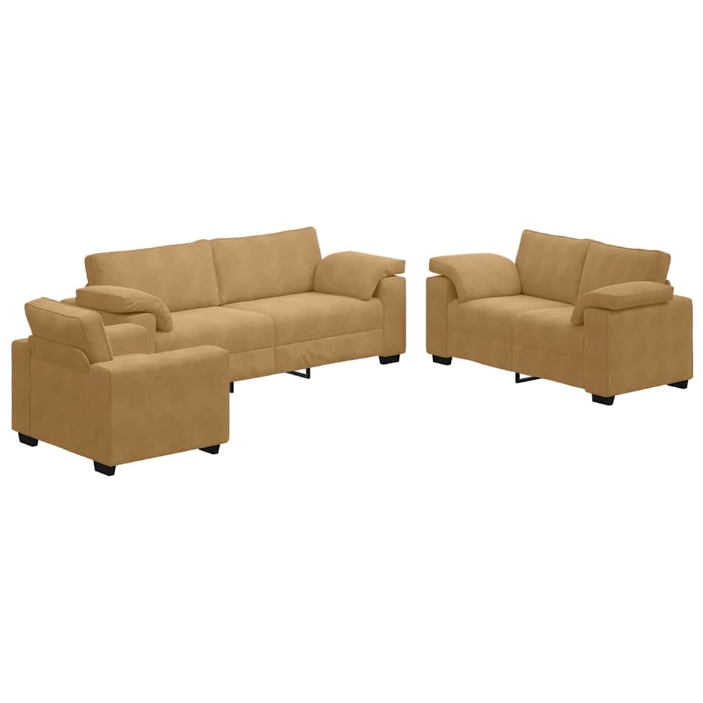 sofasæt 3 dele med hynder velour brun