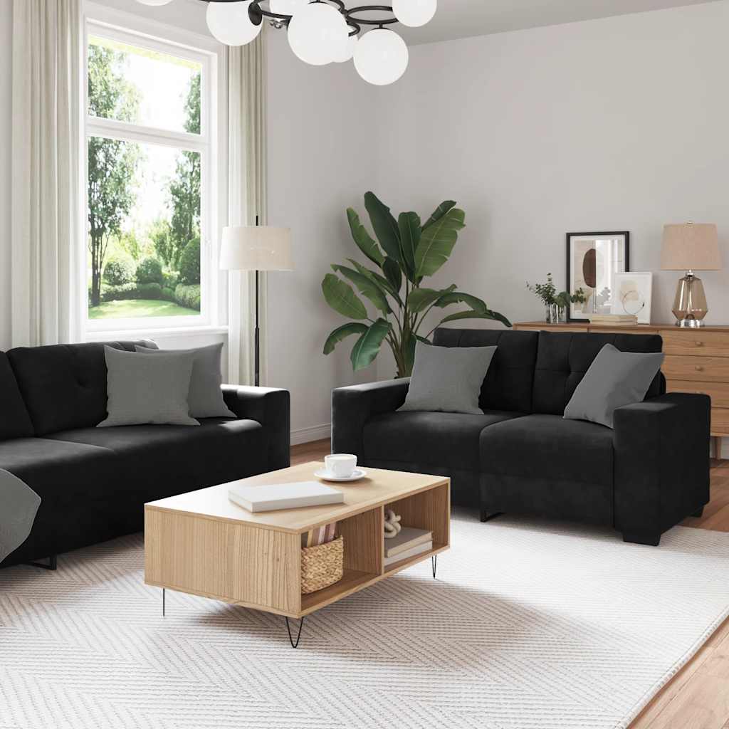2-delt sofasæt i sort fløjl med hynder - 2- og 3-personers