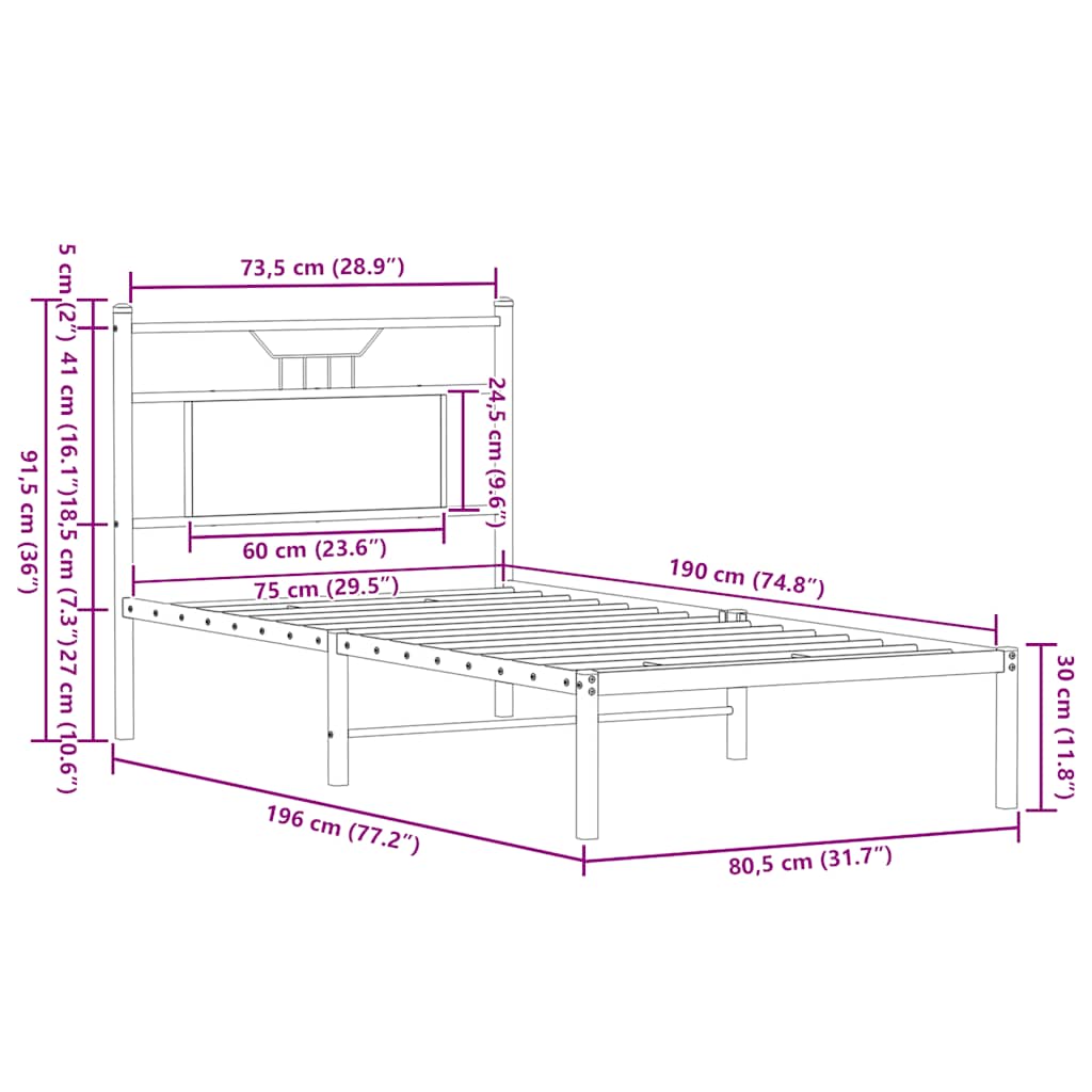 sengeramme 75x190 cm uden madras konstrueret træ brunt eg