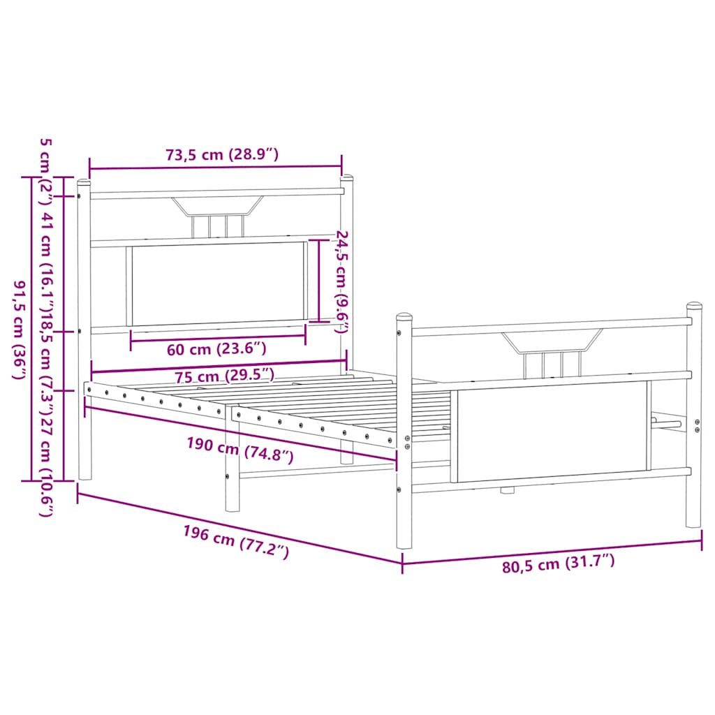 sengeramme 75x190 cm uden madras konstrueret træ brunt eg
