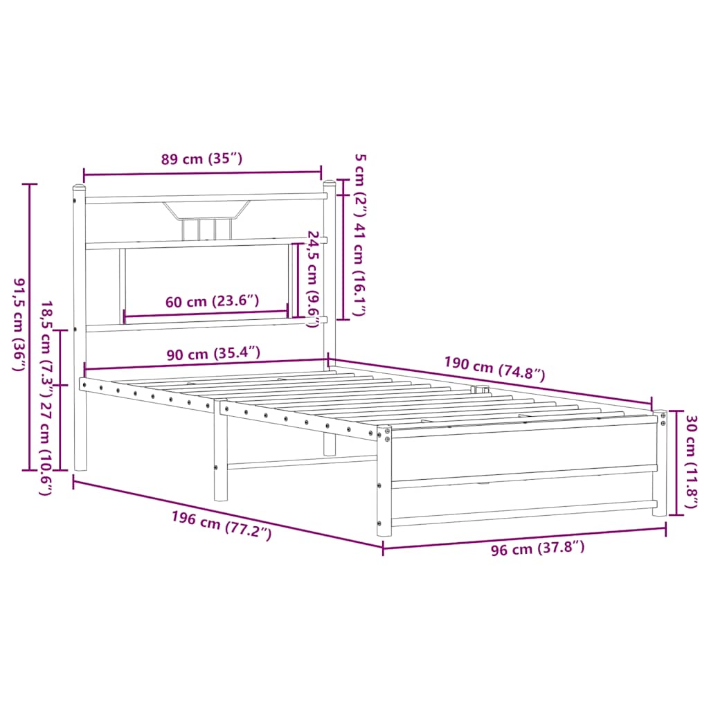 sengeramme 90x190 cm uden madras konstrueret træ brunt eg