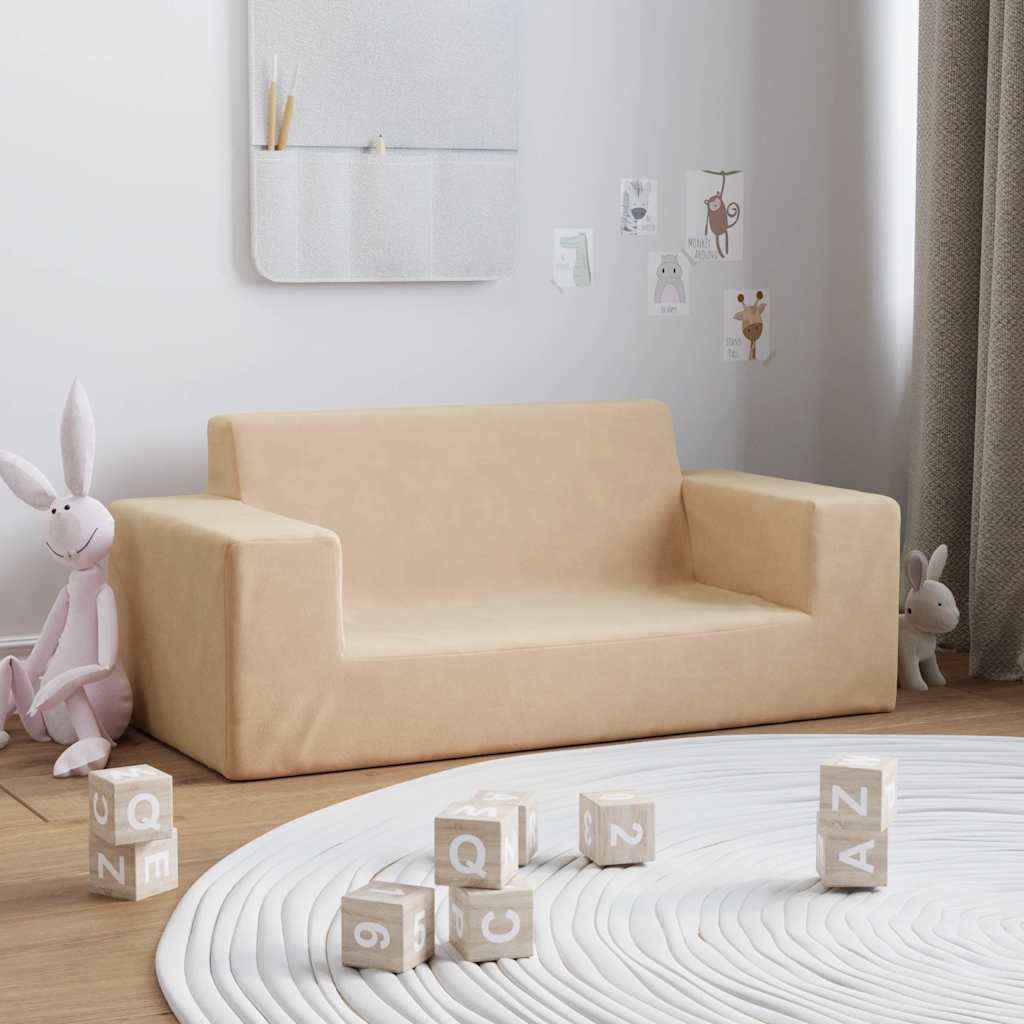 2-personers sofa til børn blødt plys cremefarvet