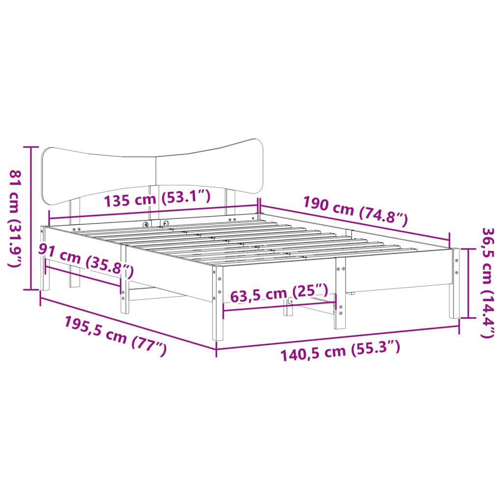 sengeramme uden madras 135x190 cm massivt fyrretræ hvid