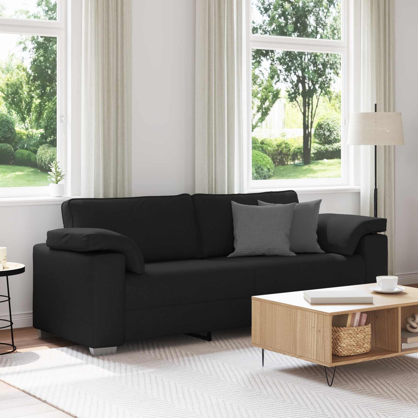 3-personers sofa i sort stof - 220 cm med brede armlæn