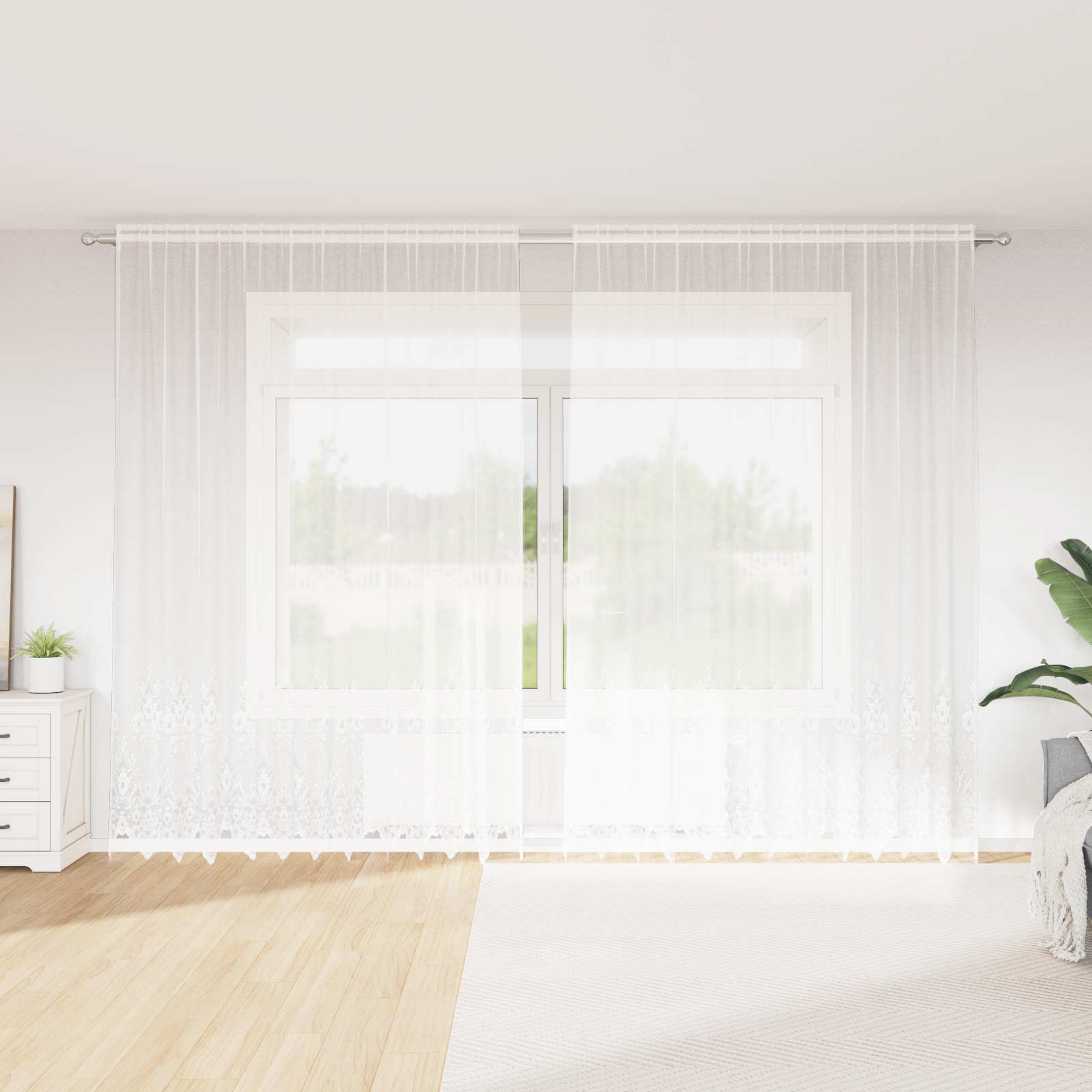 Lace Gardin med gardiner Blomstret Hvid 280 x 300 cm Polyester