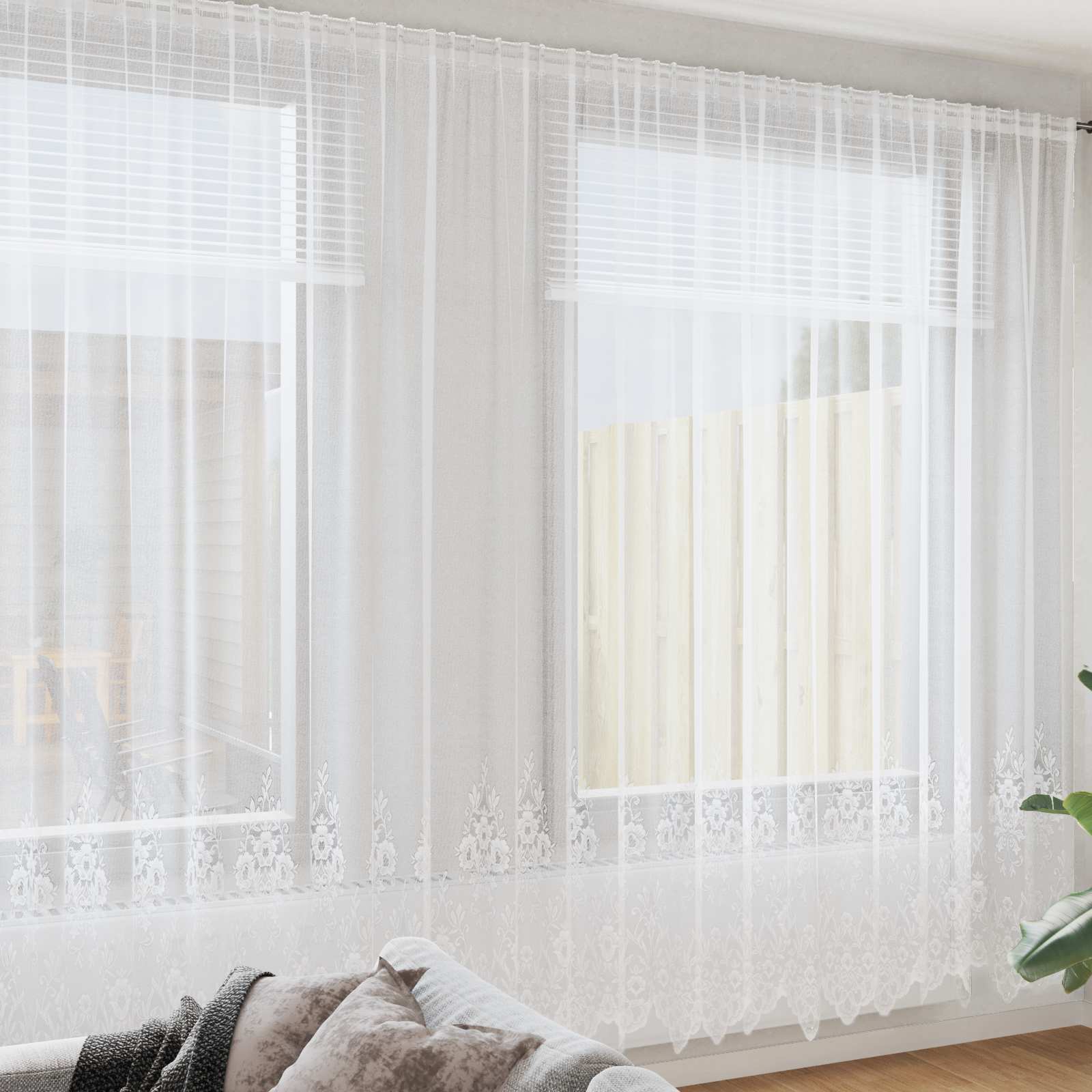 Lace Gardin med gardiner Blomstret Hvid 300 x 400 cm Polyester
