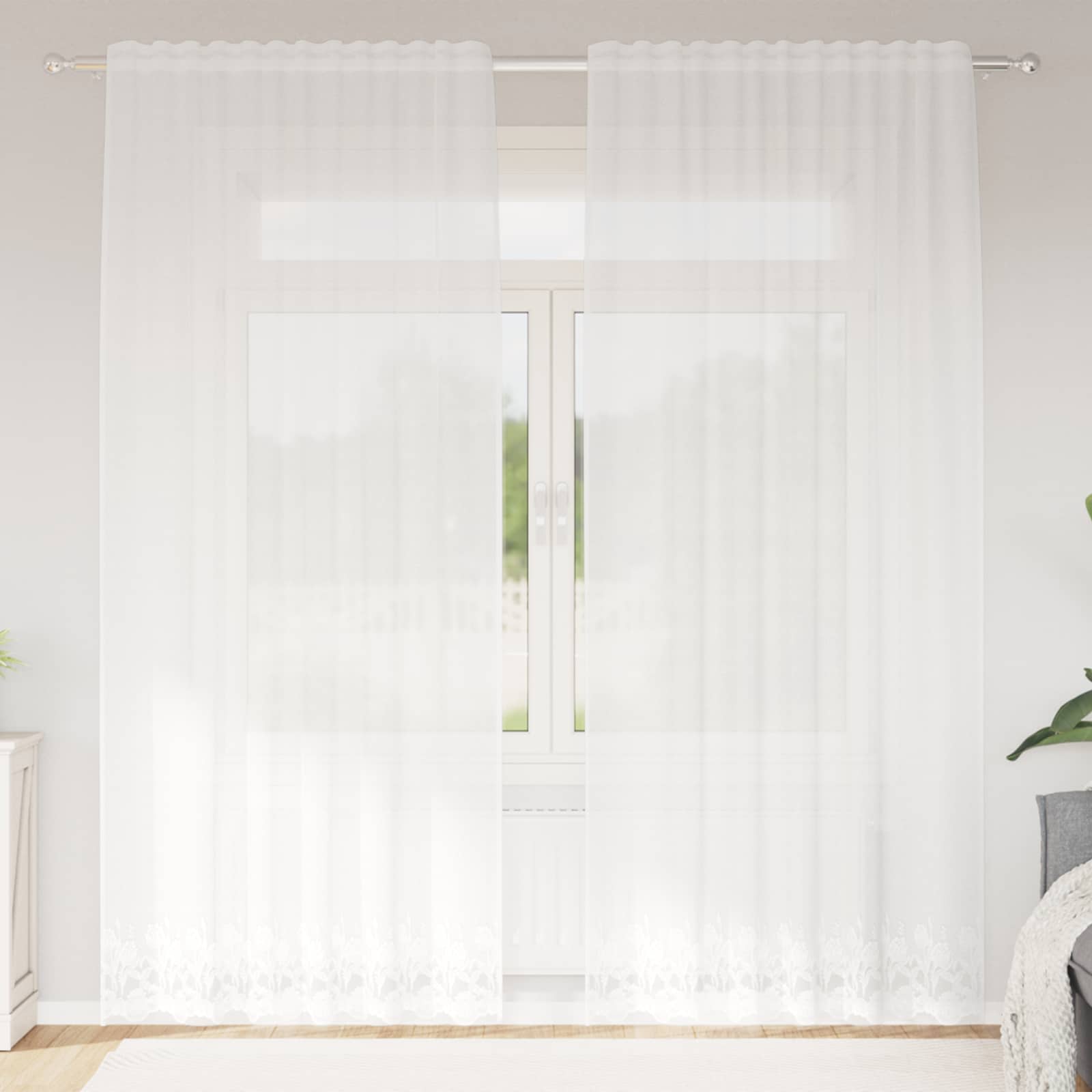 Lace Gardin med gardiner Blomstret Hvid 240 x 150 cm Polyester