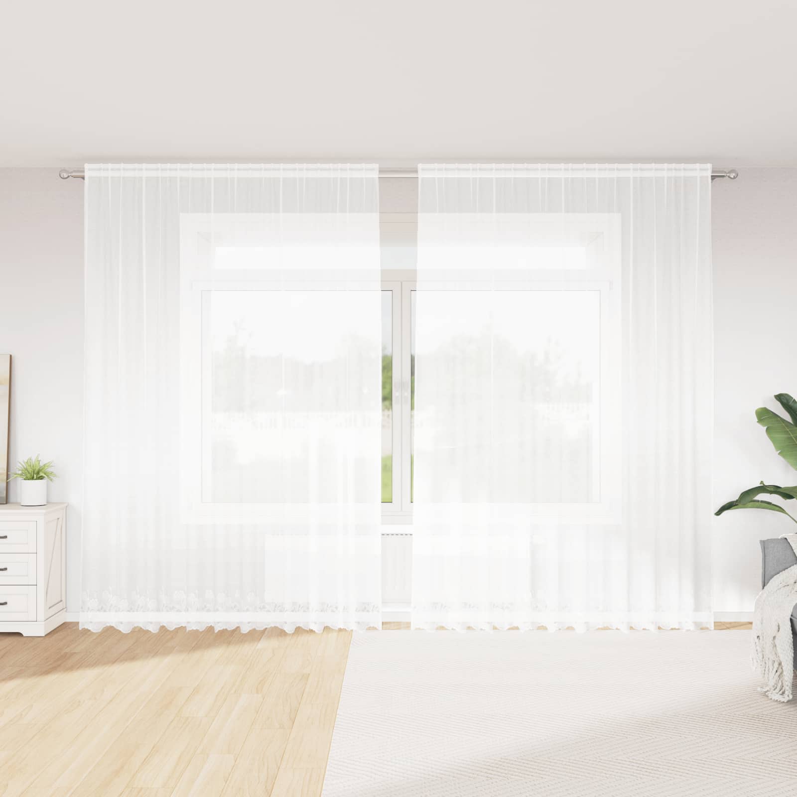 Lace Gardin med gardiner Blomstret Hvid 260 x 300 cm Polyester