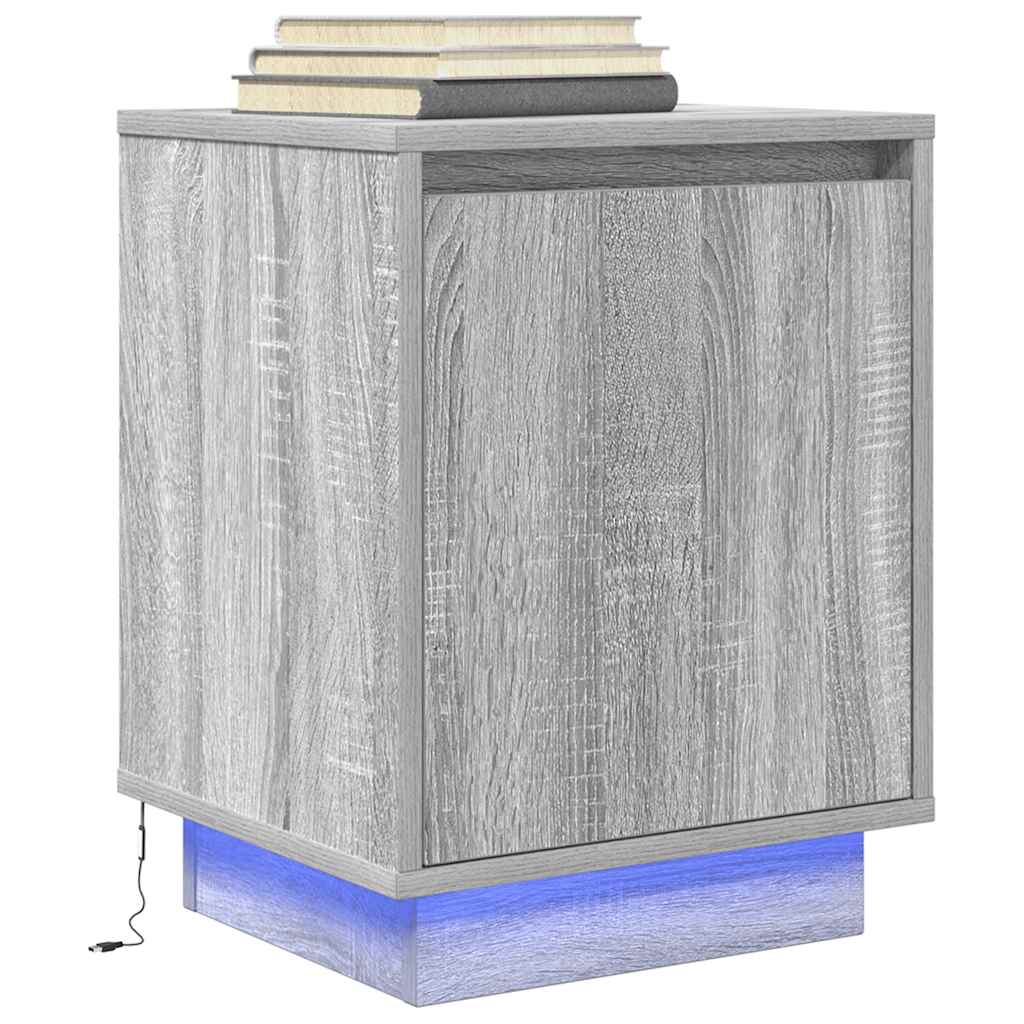 sengeskabe 2 stk. med LED-lys 38x34x50 cm grå sonoma-eg