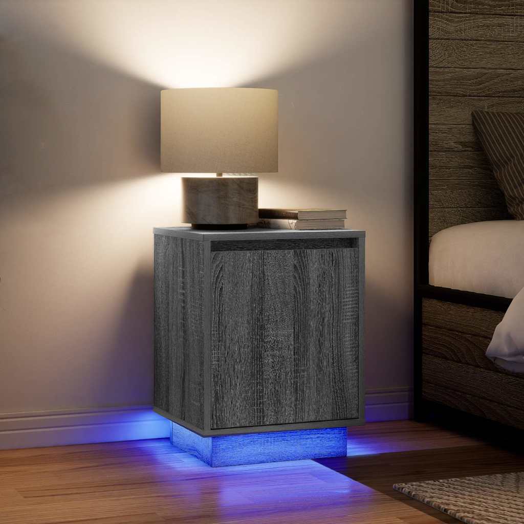 sengeskabe 2 stk. med LED-lys 38x34x50 cm grå sonoma-eg