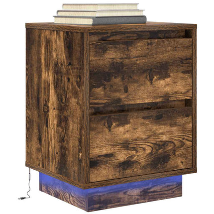 sengeskabe 2 stk. med LED-lys 38x34x50 cm røget egetræsfarve