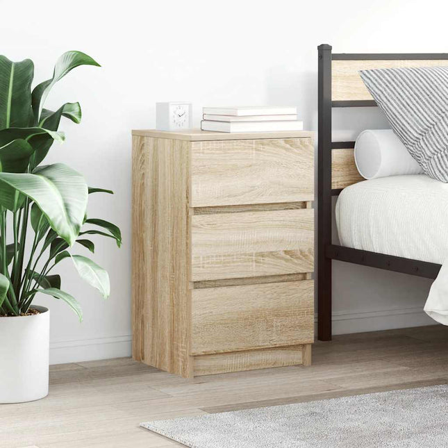 sengebord med 3 skuffer 39x35x65 cm sonoma-eg