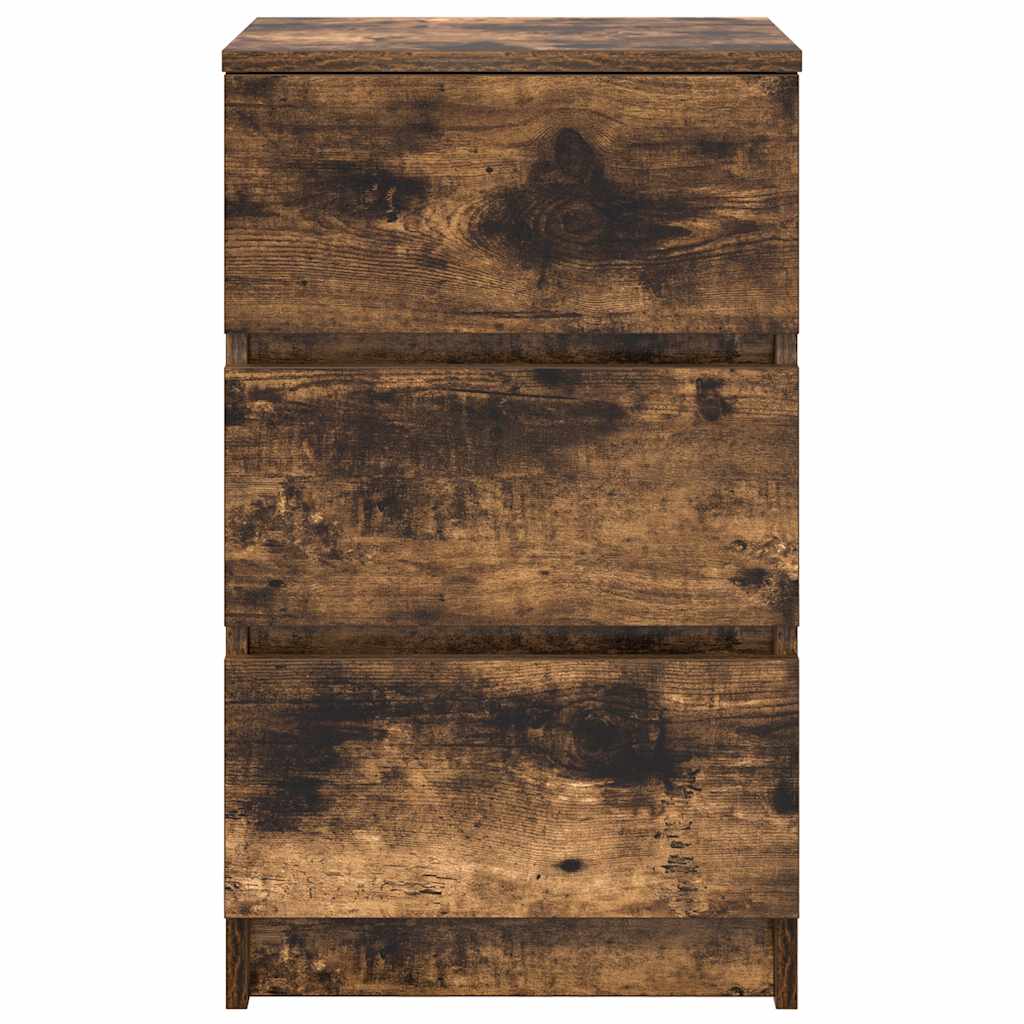 sengebord med 3 skuffer 39x35x65 cm røget egetræsfarve