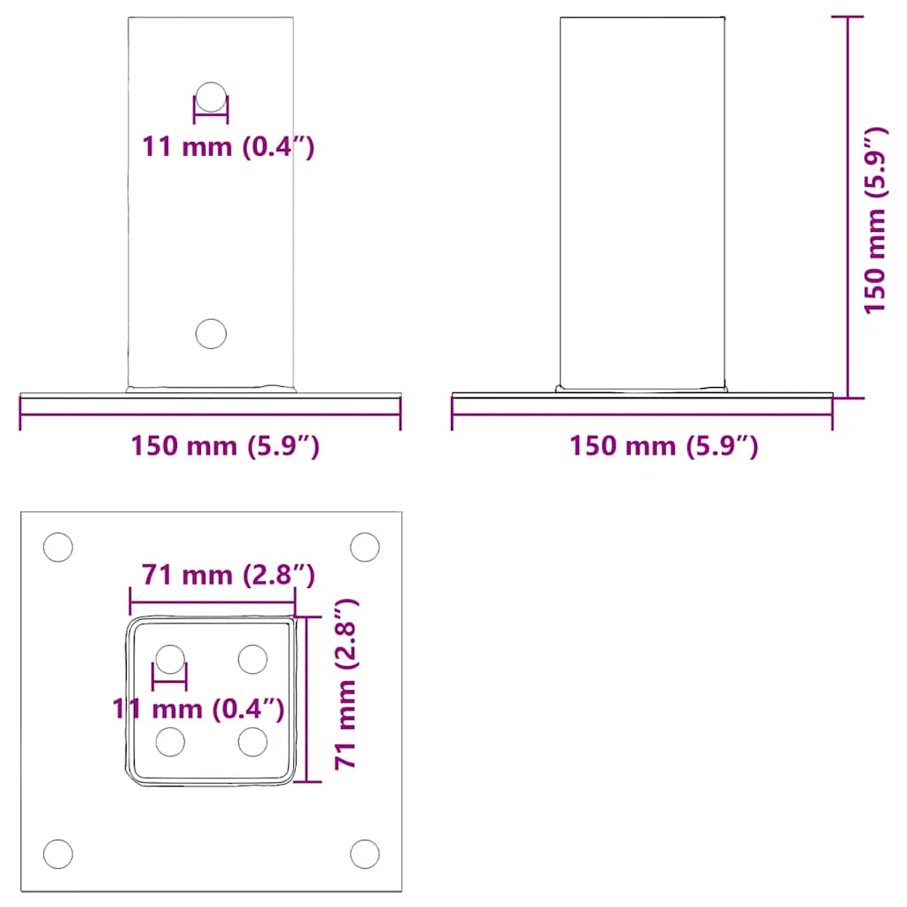 stolpefødder firkantet 4 stk. 71x71 mm galvaniseret stål