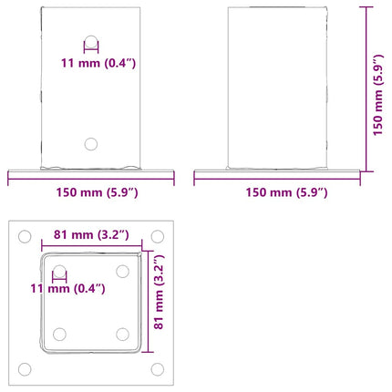 stolpefødder firkantet 12 stk. 81x81 mm galvaniseret stål