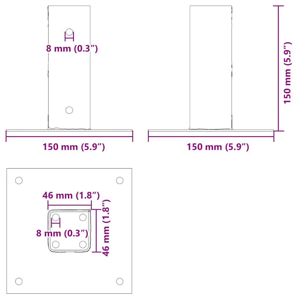 stolpefødder firkantet 4 stk. 46x46 mm pulverlakeret stål
