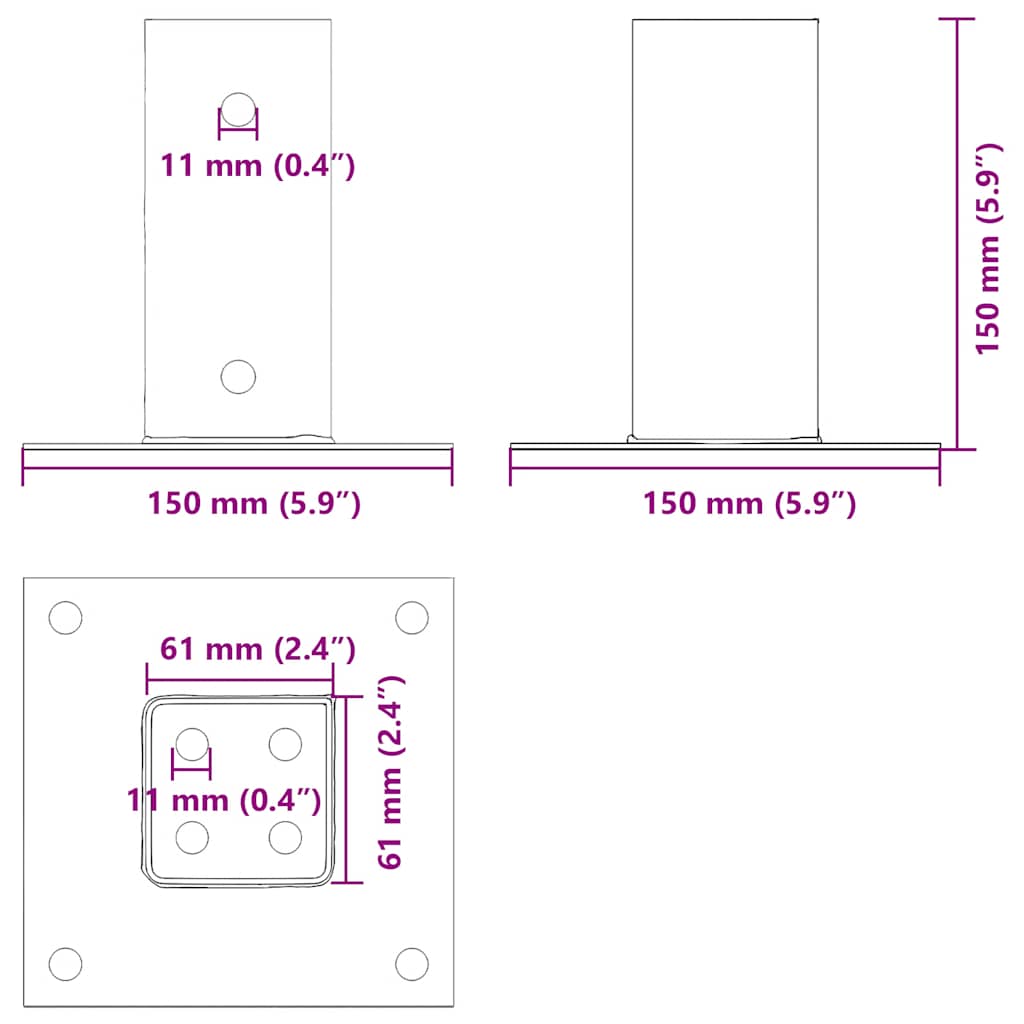 stolpefødder firkantet 12 stk. 61x61 mm pulverlakeret stål