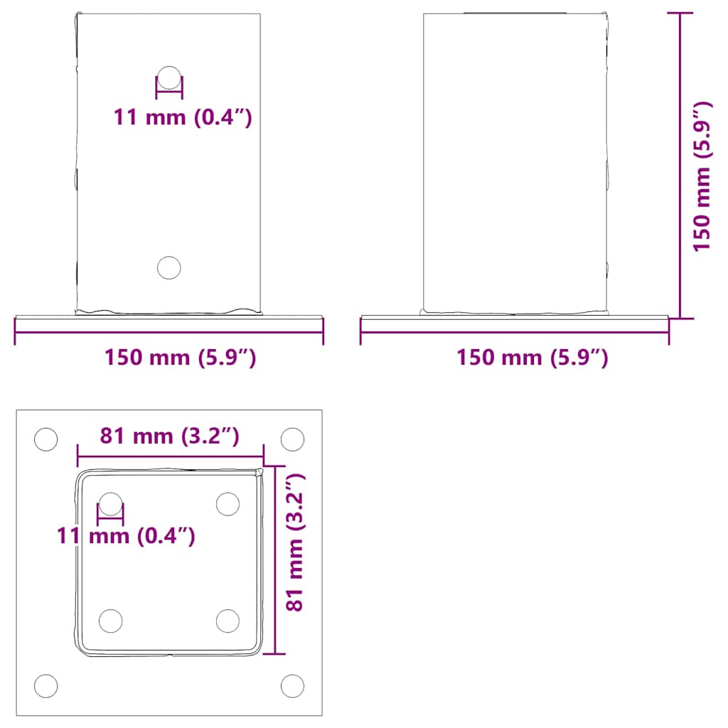 stolpefødder firkantet 4 stk. 81x81 mm pulverlakeret stål