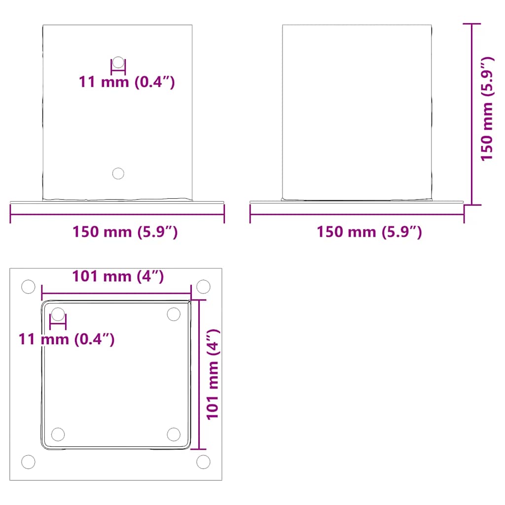 stolpefødder firkantet 12 stk. 101x101 mm pulverlakeret stål