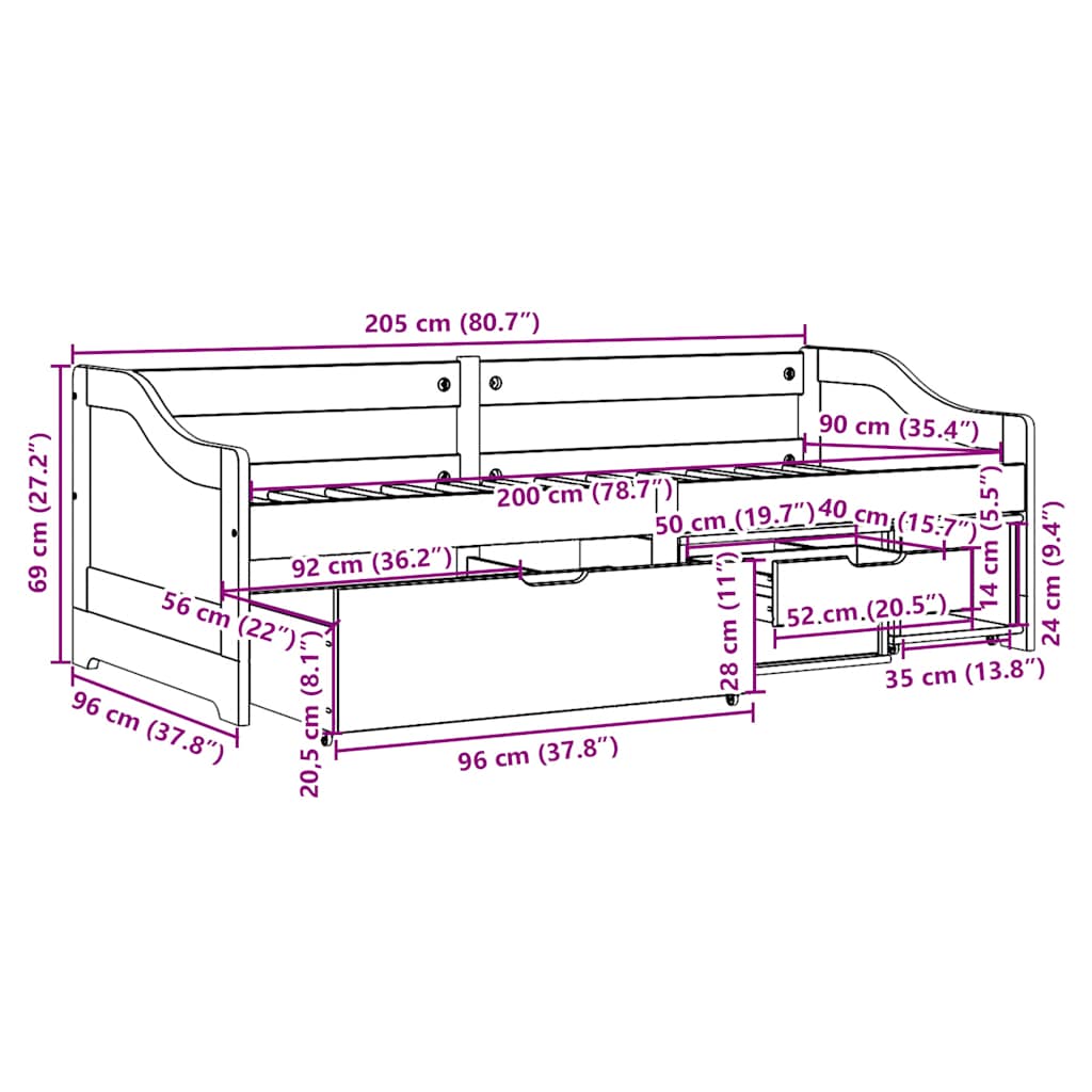 daybed med tre skuffer uden madras IRUN sort 90x200 cm