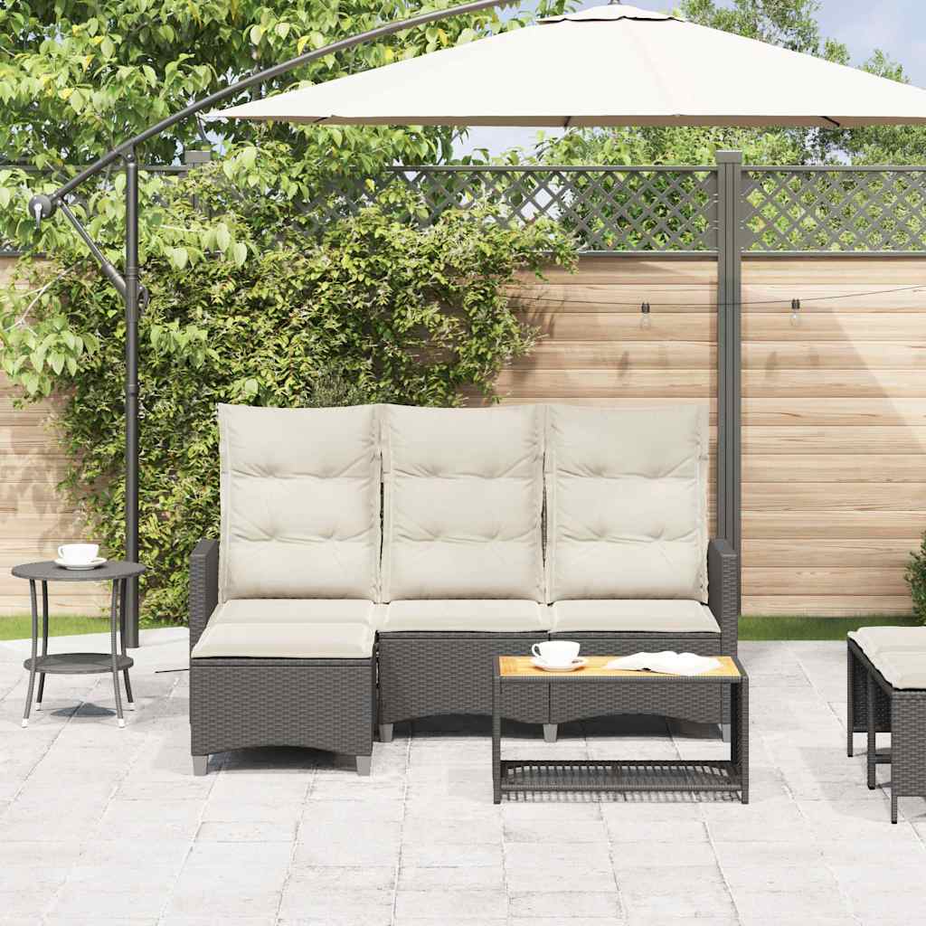 loungestol med hynder og lænefunktion L-formet polyrattan sort