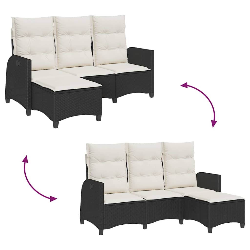 loungestol med hynder og lænefunktion L-formet polyrattan sort